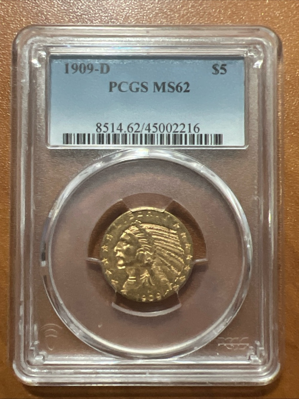 1909-D INDIAN HEAD $5 HALF EAGLE GOLD COIN PCGS MS62 CERTIFIED